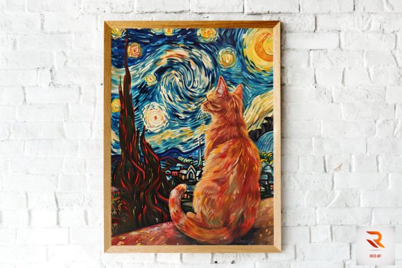 Cat in the Starry Night Van Gogh Style