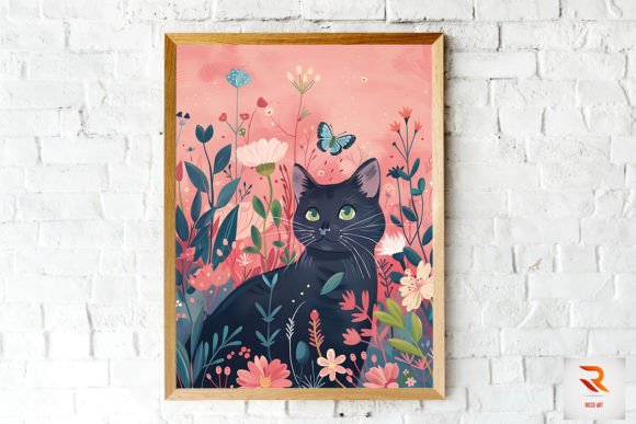 Cute Black Cat Playing with Flowers Art Review