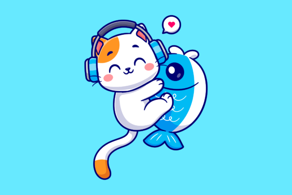 Cute Cat Hug Fish with Headphone Cartoon Review