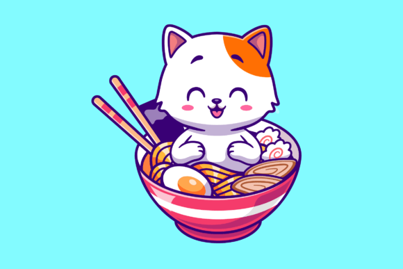 Cute Cat in Ramen Noodle Bowl Cartoon Review