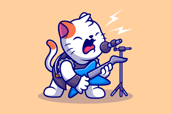 Cute Cat Rocker with Guitar Cartoon Review