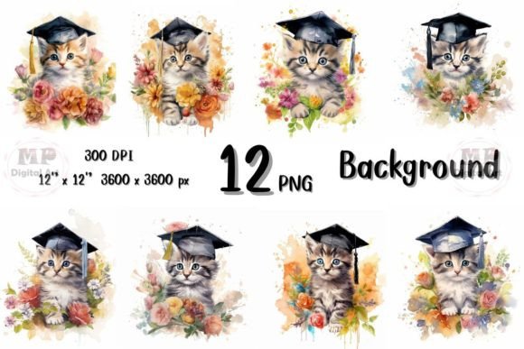 Watercolor Cat Graduation Background PNG Review