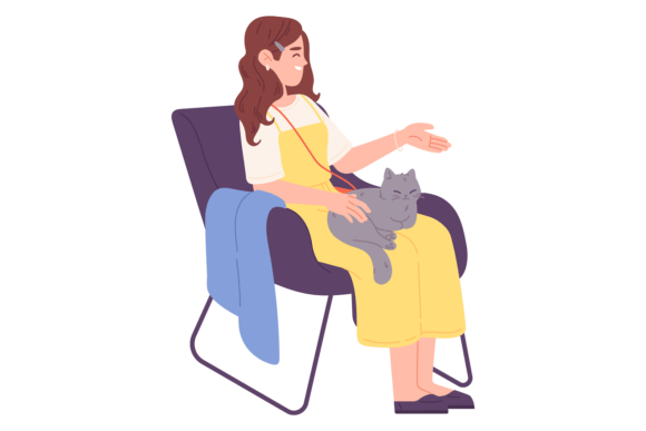 Young Sit in Soft Armchair and Play with Cat